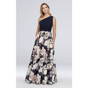 Betsy & Adam Navy Floral Satin One Shoulder Ball Gown Dress Size 14W Formal